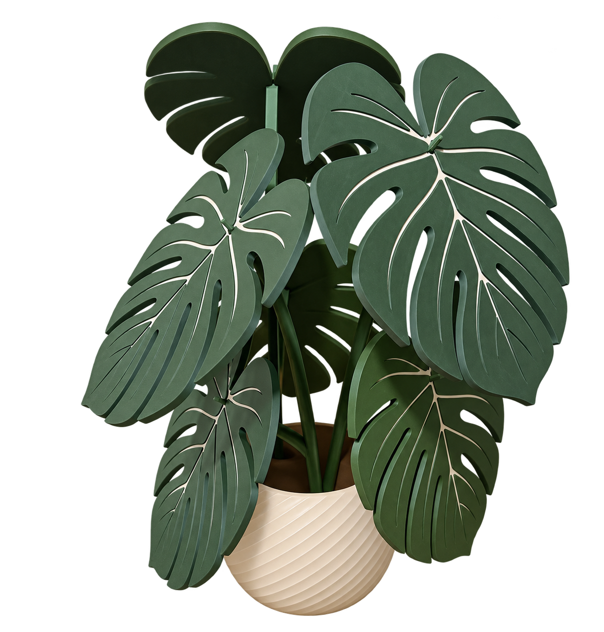 Planta de hojas verdes grandes en maceta clara con textura en relieve